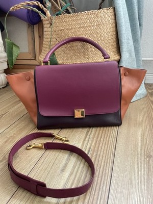 Celine Trapeze Tricolore Leder Tote Schulter Tasche Handtasche Medium Bordeaux