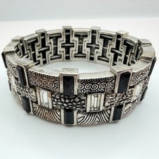Silver Tone Black Glass Beaded Stretch Bracelet 7in Stackable Jewelry