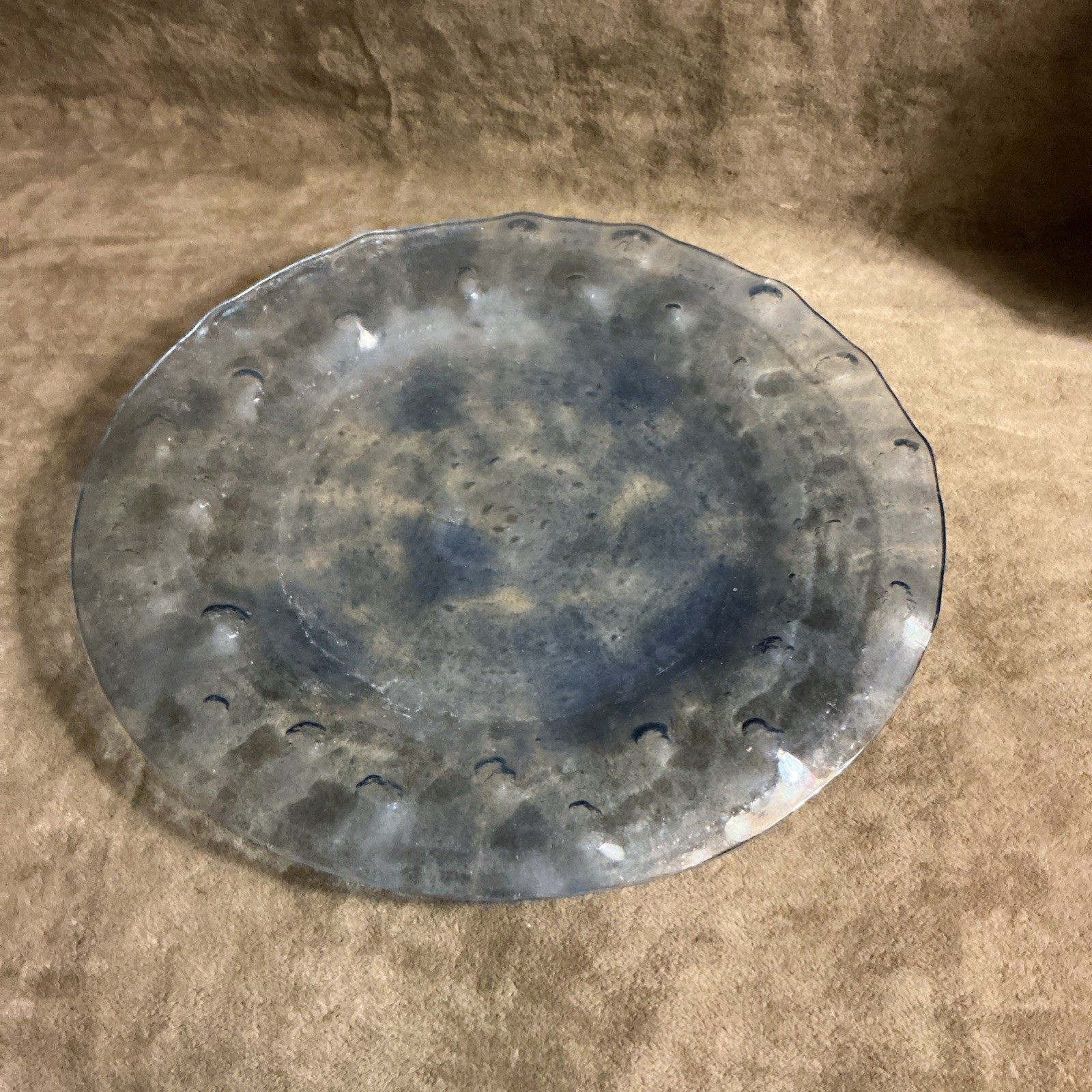 Vintage Hand Blown Art Glass Plate Blue Bubble Design