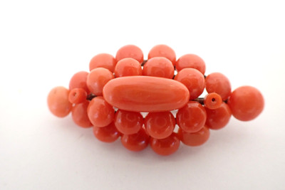 Antique Victorian Coral Cluster Brooch W/ Glossy Solmon Orange Button Cut Coral