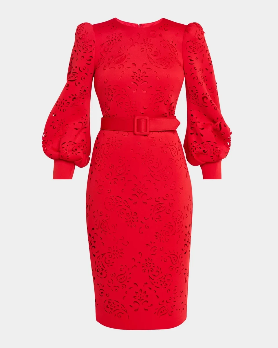 badgley mischka belted laser-cut dress Badgley Mischka Collection Laser-Cut Fit-&-Flare Midi Dress