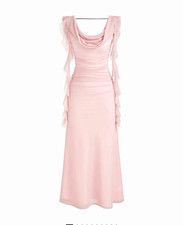 Women’s Pink Solid Cowl Neck Sleeveless Ruched Ruffle Maxi Dress XL