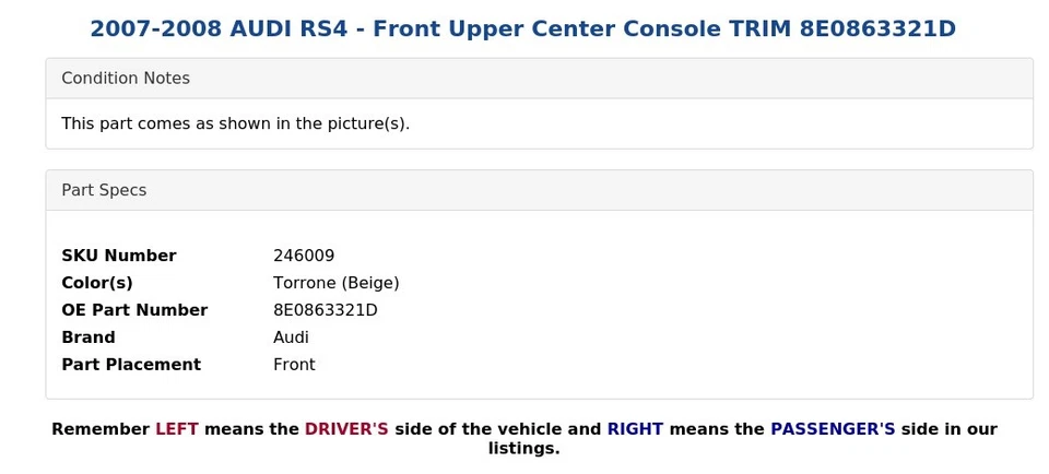 2007-2008 AUDI RS4 - Front Upper Center Console TRIM 8E0863321D - Image 4 of 4