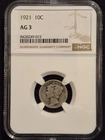 1921-P 10C Mercury Silver Dime Graded by NGC as AG 3