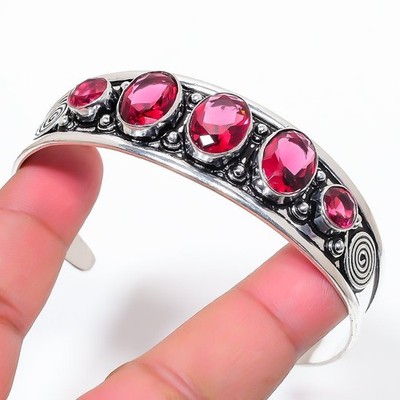 Pink Rubellite Gemstone 925 Sterling Silver Adjustable Cuff Bracelet For Gift