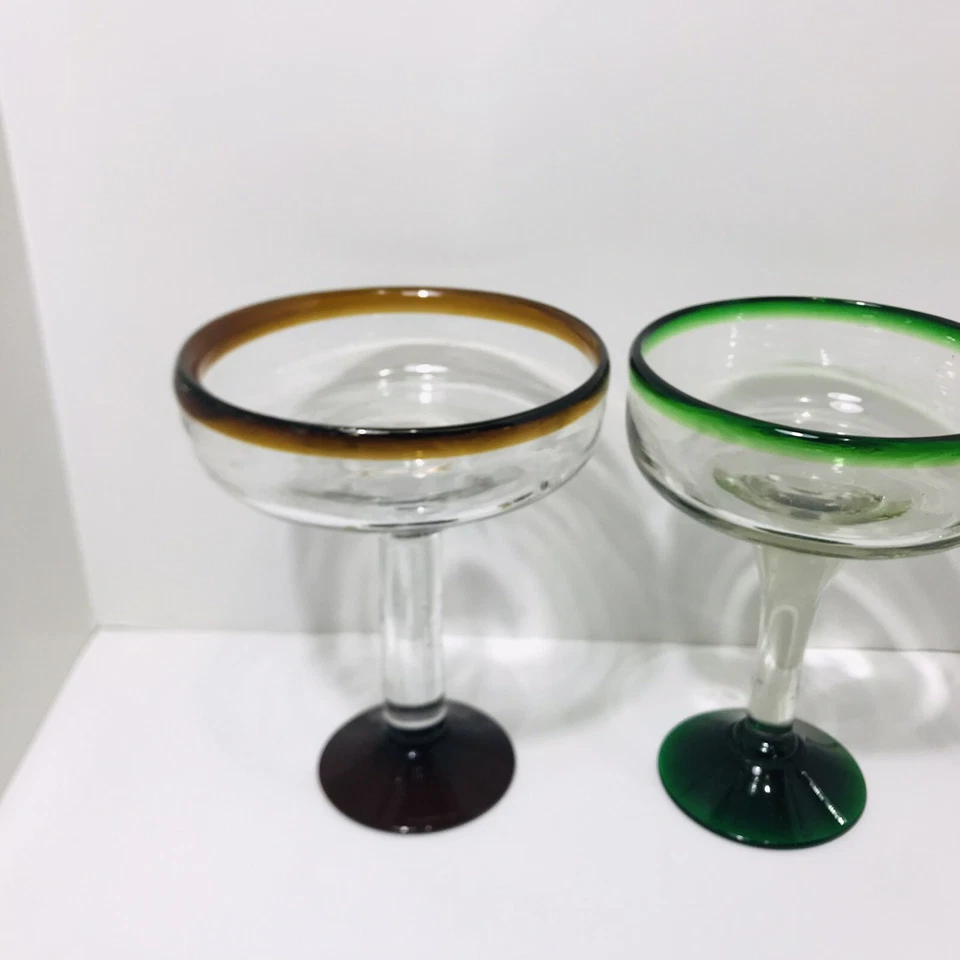 Vasos Margarita borde verde esmeralda mexicanos soplados a mano (lote de 3) Foto 2 de 4