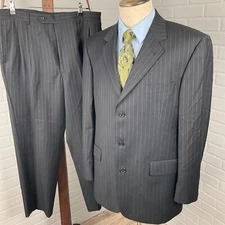 Stafford Suit Men 42R 34Wx28L Black Chalkstripe Vital Barberis Canonico VTG