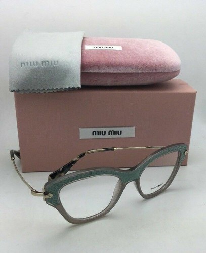 MIU MIU Eyeglasses VMU 07O U6S-1O1 52-17 Gold Grey & Teal Leather Cat Eye Frames - Picture 3 of 12
