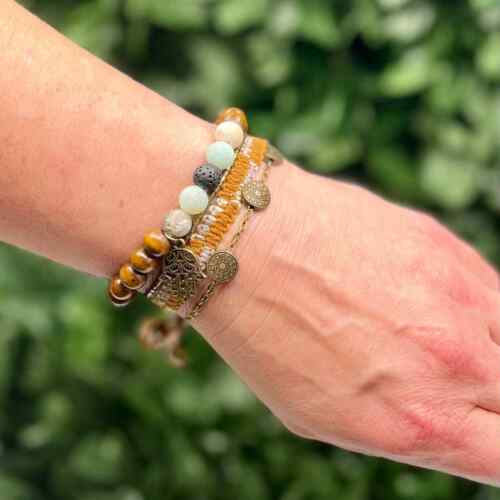 Handmade Boho Bracelet Stack 4 Piece Brown Bronze Gold Natural Stone Wood Earthy - Picture 1 of 5