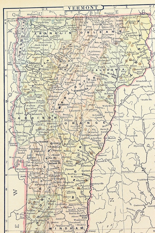 Mapa del estado de VERMONT 1898 litografía coloreada a mano 10,75 x 7,25 Foto 2 de 2