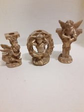 VINTAGE Angel "JOY" Ceramic Cherub Christmas Candle Holders Set of 3 Gold
