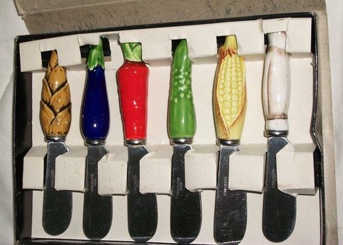 VTG Set of 6 JAPAN Cheese Ball Jam Spreader Vegetables Ceramic Knives Stainless - Picture 3 of 6