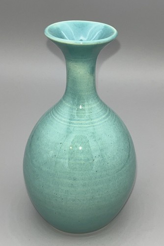 Vintage Studio Pottery Celadon Vase Signed Base 15cm tall