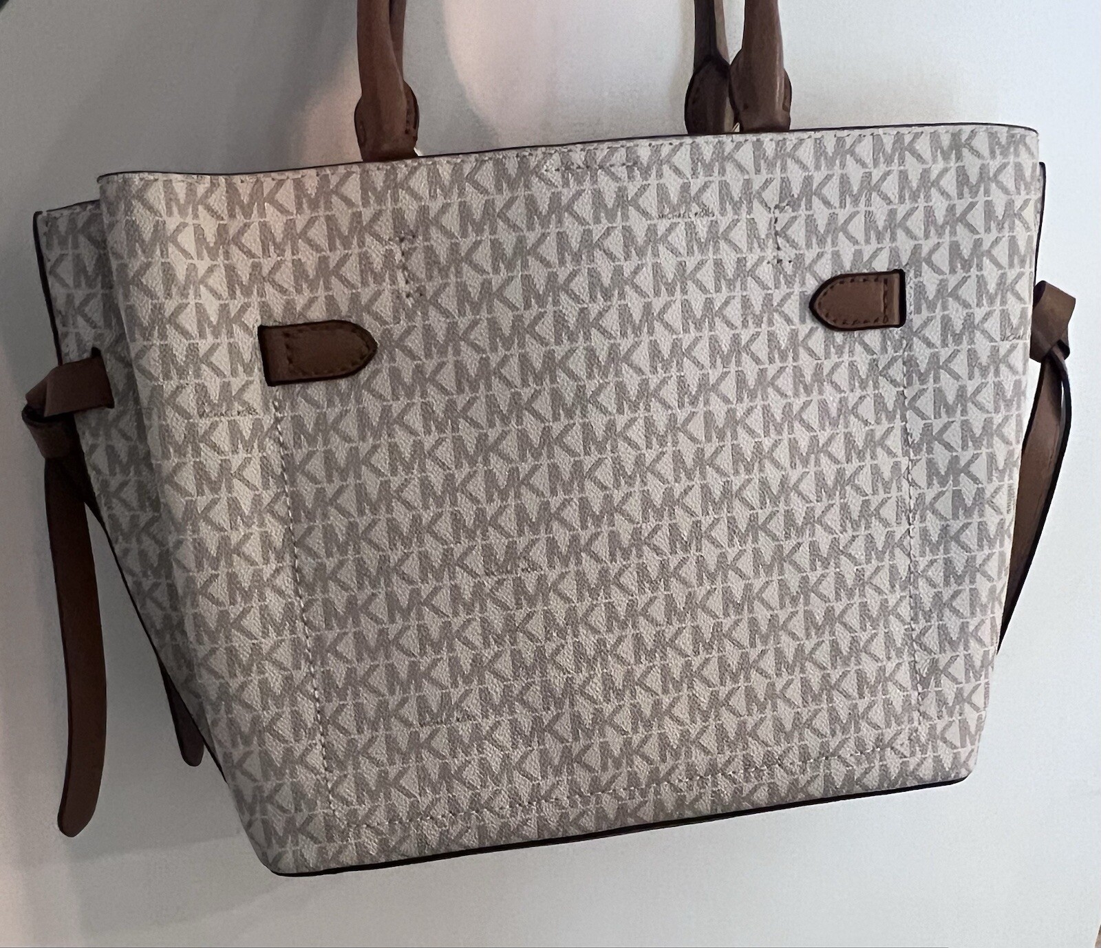 Authentic Michael Kors Hamilton Legacy Large Logo Belted Satchel Vanilla/Acorn thumbnail 5