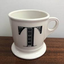 Anthropologie Monogram Ceramic Coffee Mug "Shaving" Style, "T" Initial, White
