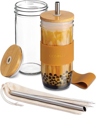 2 Bubble Tea Becher Glas mit Strohhalm und Deckel 720ml Mehrweg Tumbler Smoothie