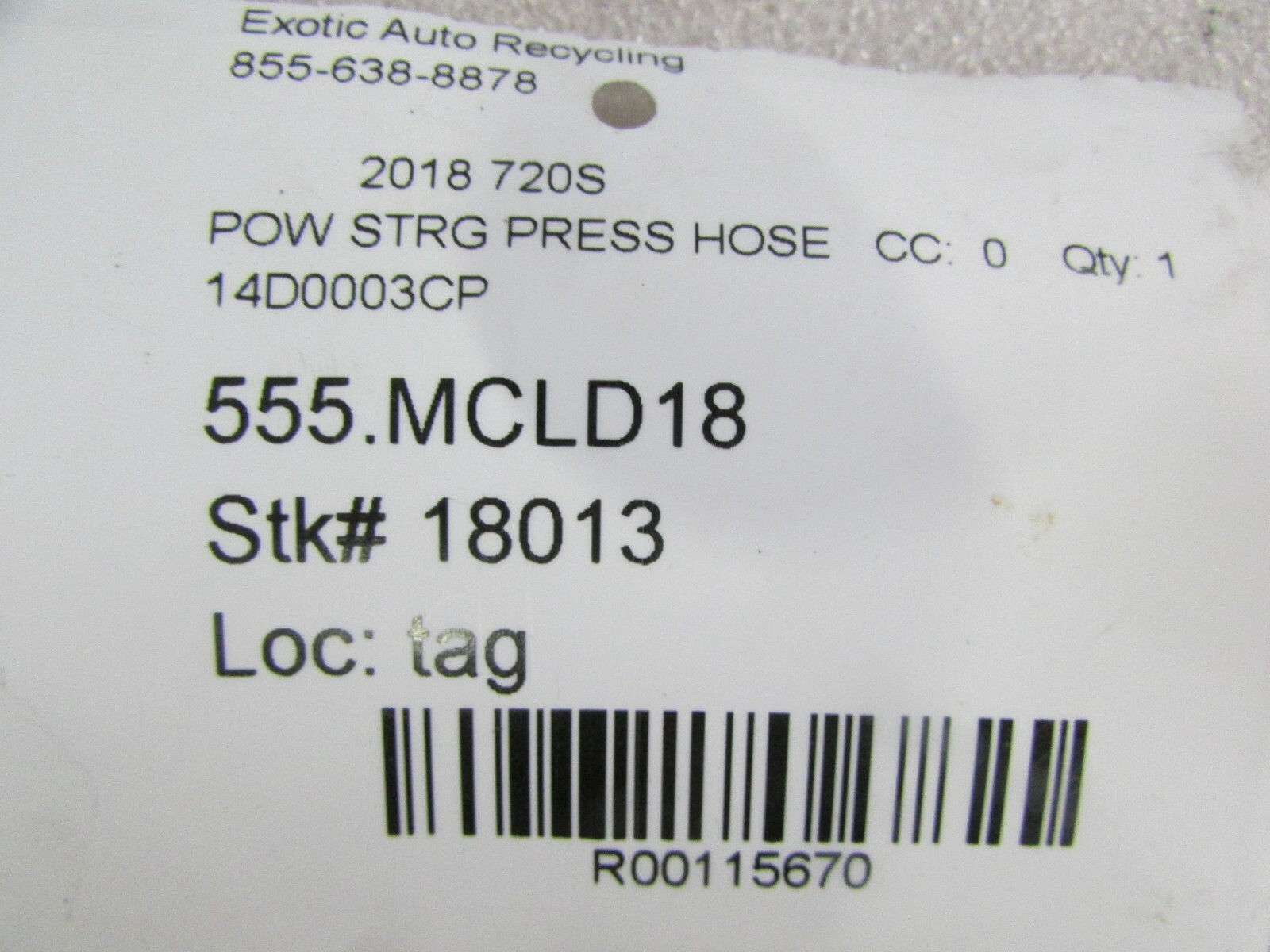 McLaren 720S, Power Steering Pressure Hose, Used, P/N 14D0003CP