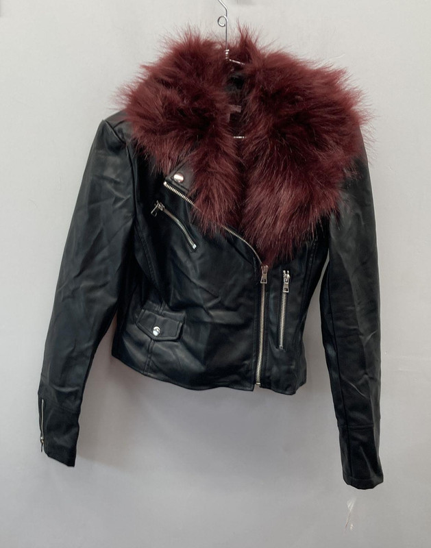 Bar III Black Faux Leather Moto Jacket Red Faux Fur Collar Womens XS NWT