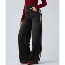 HALARA Black High Magic Flex Waisted Wide-Leg Jeans with White Stripes NWOT