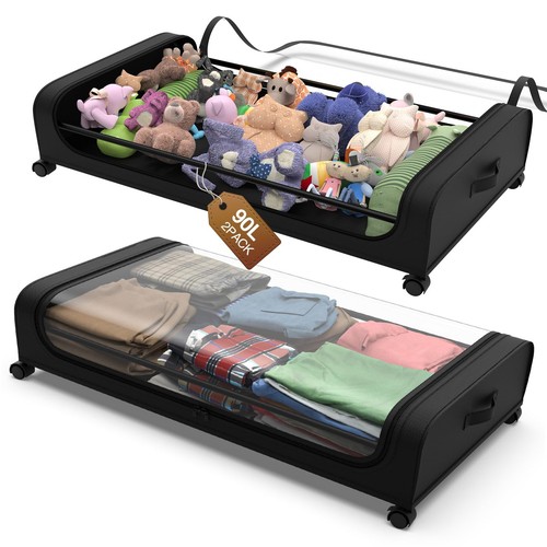 Under Bed Storage with Wheels, 2Pack Under the Bed Storage Containers with Cl...