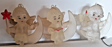 3 vintage frosted Christmas angel ornaments sitting on the moon 2.5" tall