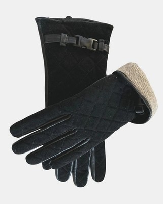 IL PASSO 100% Sheep Leather Black Quilted Gloves W/ Buckle Wool Blend Lining