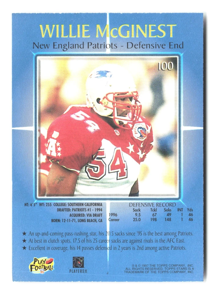 1997 Topps Stars #100 Willie McGinest - Image 2 of 2