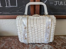 1950s 1960s Coated White Wicker Top Handle Handbag, Vintage Pearlized Lucite...