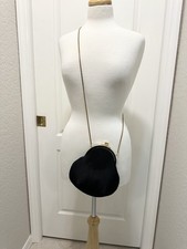 Vtg REGALE BlackPleated Satin CLUTCH EVENING BAG Gold Shell Chain Shoulder Strap