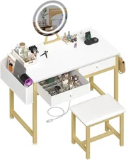 Makeup Vanity Desk with Mirror/Lights White Gold Vanity Table w/ Drawers & Chair