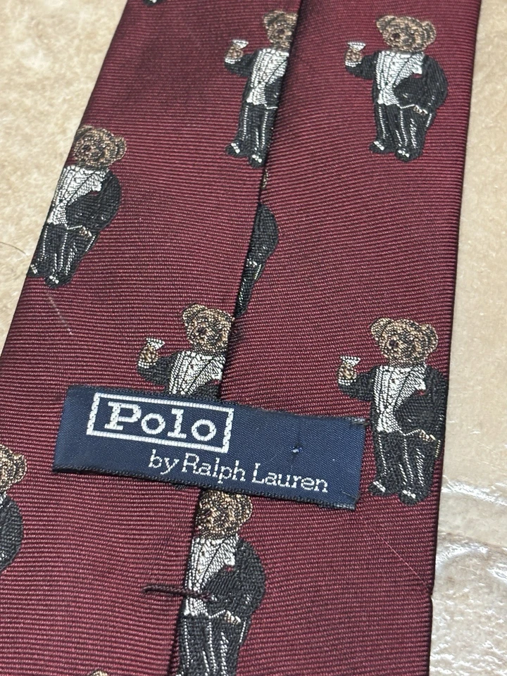 Raro Vintage Polo Ralph Lauren Polo Oso Rayas Tiza Traje Motivo Corbata Hecho a Mano Foto 3 de 4