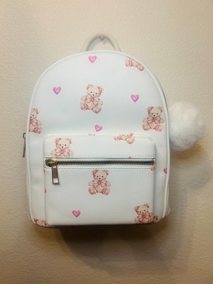 Like Dreams Women's Mini Backpack Teddy Bear White  Adjustable Straps Pompom
