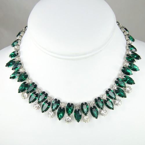 Vintage Signed Kramer Emerald Green Shield Rhinestone Choker Necklace 1940's