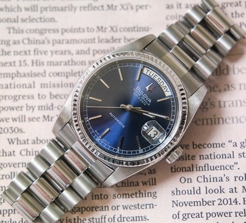Vintage Bulova Super Seville Automatic Day Date Deep Blue Dial Duble Mens Watch - Picture 2 of 11