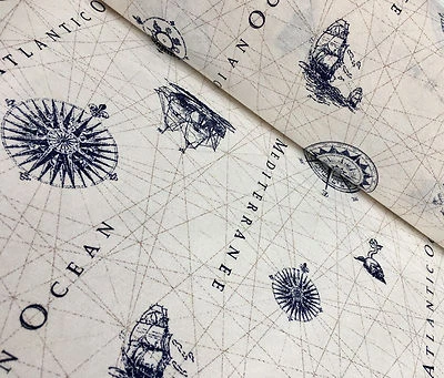 LUSHFABRIC BLUE NAUTICAL MARINE MAP Print Fabric - Compass Boat Anchor Material -140cm wide
