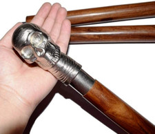 Handmade NICKEL Finish Skull handle Walking Stick brown Wood skull canes 36"