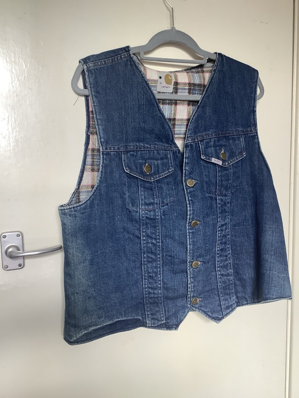 Vtg 70s Carhartt Denim Sherpa Lined Vest Men's XL USA Aztec Flannel Lined Rare