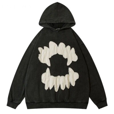 LARGE SIZE Vampire Teeth Washed Color Oversized Hoodie Hooded Sweatshirt