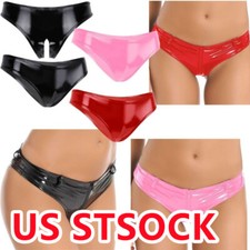 Women Shiny Metallic Breifs Wet Look Open Crotch Underwear High Cut  Knickers