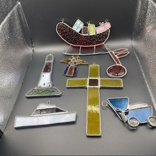 Lot of 7 Leaded Stained-Glass Suncatchers Window Hangings Sleigh Lighthouse Cros