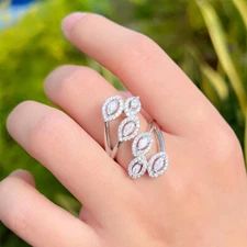 Charming Adjustable Silver Plated Cubic Zirconia Crystal Leaf Shape Open Ring 