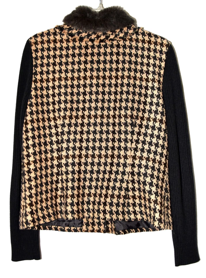 CAbi Tan Black Check Removable Faux Fur Collar Fringe Trim Womens Jacket Size 12 - Image 3 of 4