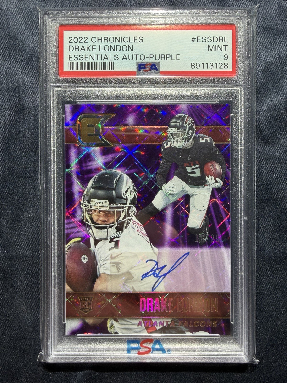 Drake London Essentials Auto Purple /25 PSA 9 2022 Panini Chronicles Falcons RC