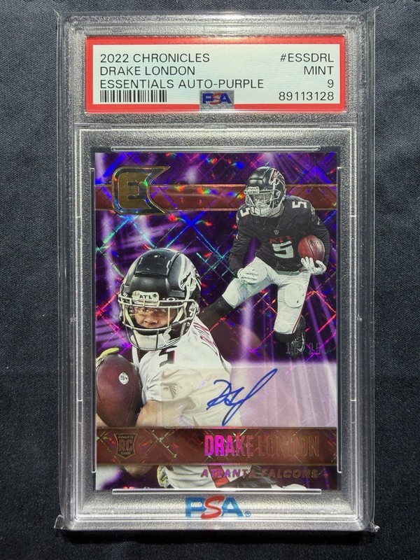 Drake London Essentials Auto Purple /25 PSA 9 2022 Panini Chronicles Falcons RC