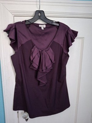 Madison Women's Med Burgundy Ruffle Cap Sleeve Ruffle Zip Front Blouse Excellent