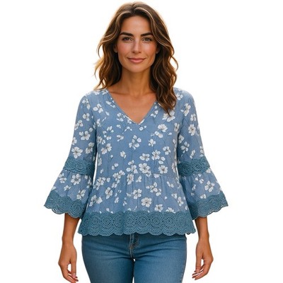 Unique Spectrum Women s Blouse Size XL Blue Floral Boho Peasant Lace Trim