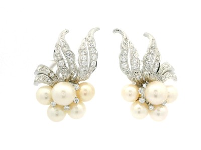 Vintage Weißgold runde Perle & 1,35 kt Diamant Cluster Blume Clip auf Ohrringe