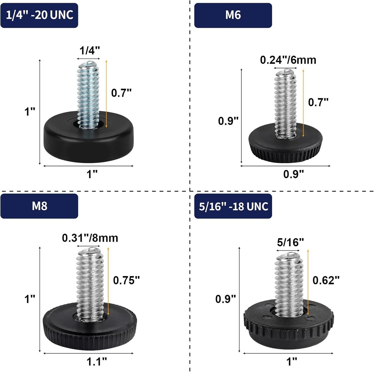 Adjustable Furniture Leveling Feet – 24 Sets Of 1/4-20 Thread Screw-in Table Legs, Stainless Steel & PP Base, 1/3" To 3/4" Height, For Indoor & Outdoor Furniture