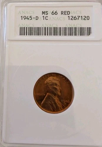 1945-D Lincoln Wheat Cent ANACS MS66 Flashy Original Red Gem Classic Soapbox...