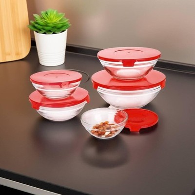 Glas verschachtelte/stapelbare Schalen 5er Set mit Kunststoffdeckeln 